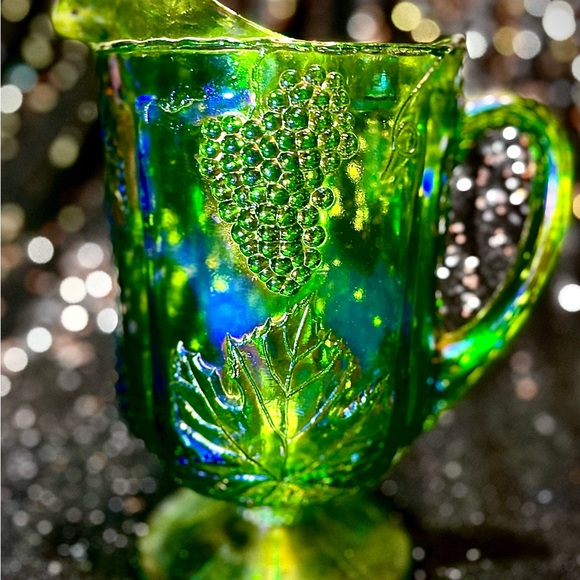 Vintage Carnival Glass Pitcher Harvesting EmeraldGreen to Blue Iridescent - Picture 3 of 12